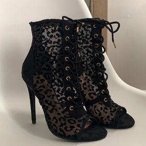 Black Suede Cheetah Print Mesh Bootie High Heels